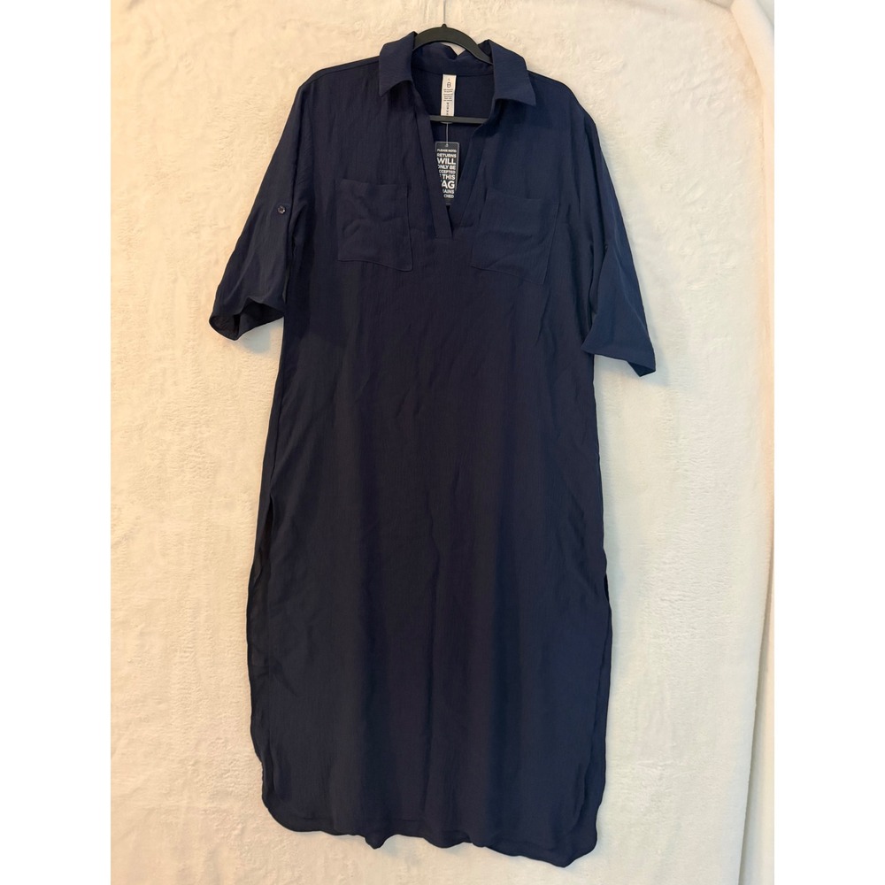 BMJL Womens Navy Blue Midi Shirt Dress V-Neck Roll Tab Sleeve Pockets Large NWT